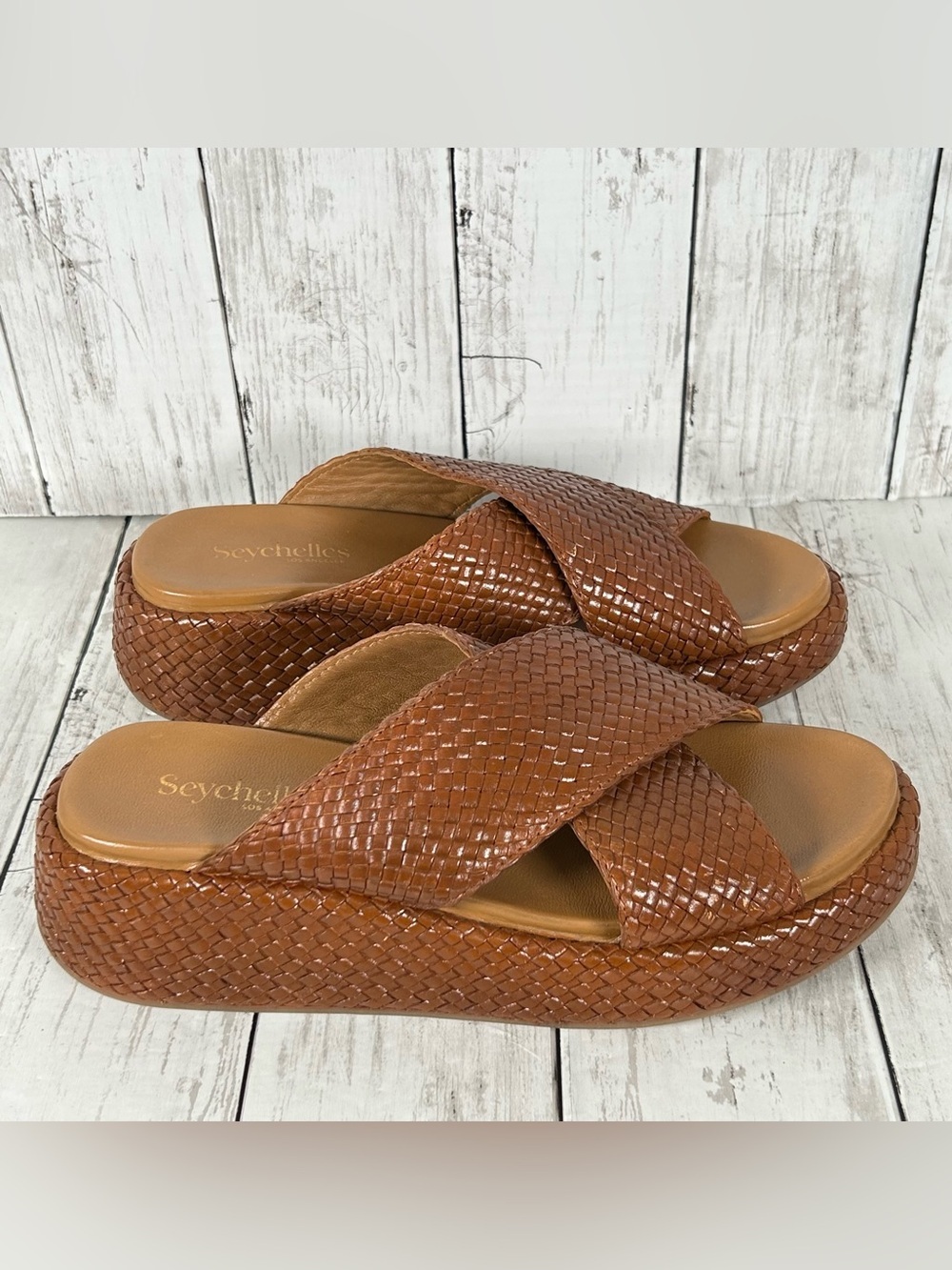 Seychelles Key West Woven Leather Platform Sandals Brown Anthropologie 8.5 NEW - Picture 2 of 5